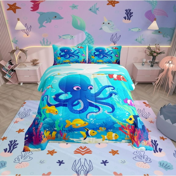 Erosebridal Cute Octopus Bedding Twin Comforter Set, Cartoon Sealife Down Comforter, Yellow Fish Reversible Comforters & Duvets, Breathable Bedroom Decor, 2 Pieces