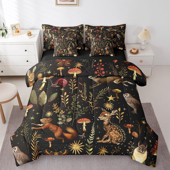 Erosebridal Cute Owl Squirrel Bedding Twin Size,Botanical Floral Mushroom Bed Set,Cartoon Nature Animal Bedding Sets Twin Size,Super Cozy Bedroom Decoration Reversible,7pcs