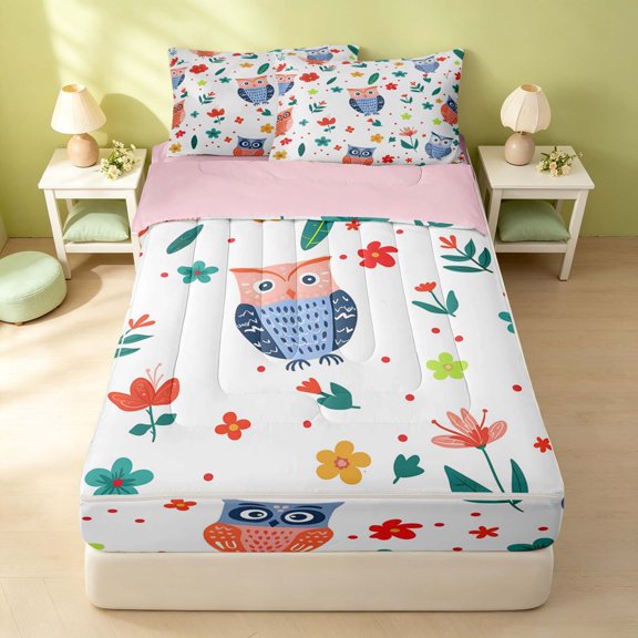 Erosebridal Cute Owl Zipper Full Size Comforter Sets with Fitted Sheet and 2 Pillowcases, Cartoon Floral Animal Zipper Bedding Set, Pink Reversible, Periwinkle Coral, Pink Reversible