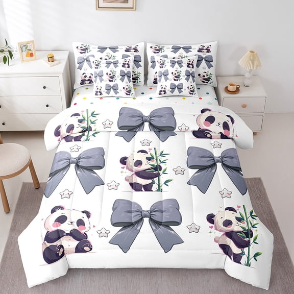 Erosebridal Cute Panda Bedding Queen Size, Princess Bowknot Bed in a Bag Queen size, Kawaii Animal Reversible Bed Set, Ultra Soft Room Decorative, 7pcs