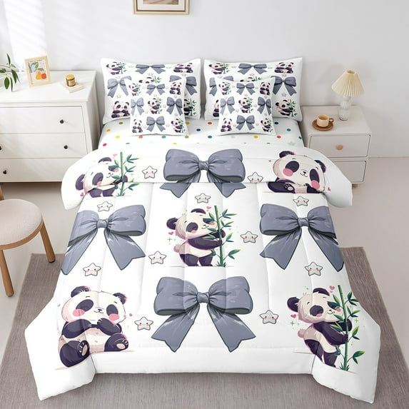 Erosebridal Cute Panda Bedding Sets King Size, Princess Bowknot Comforter Sets with Sheets, Kawaii Animal Reversible Bed Sheets Set, Ultra Soft Room Decorative, 7pcs