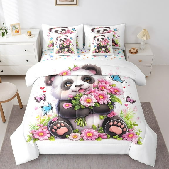 Erosebridal Cute Panda Bedding Sets Twin Size, Kawaii Animal Comforter Sets with Sheets, Pink Groovy Reversible Bed Set, Ultra Soft Room Decorative, 7 Pieces