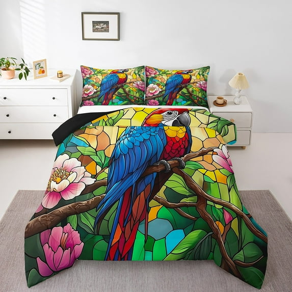 Erosebridal Cute Parrot Comforter Sets King Size, Wild Bird Comforters & Duvets, Pink Floral Bedroom Decor, Reversible 3-Piece
