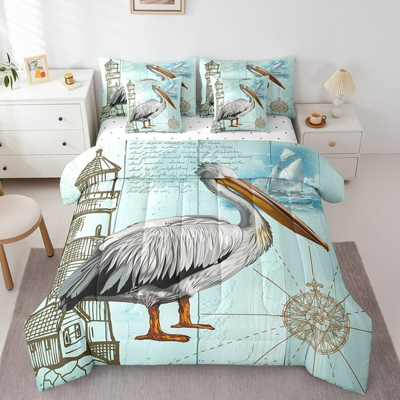 Erosebridal Cute Pelican Bedding Sets Twin Size,Compass Lighthouse Comforter Sets with Sheets,Ocean Theme Bed in a Bag Twin size,Lightweight Boys Bedroom Decor,7pcs
