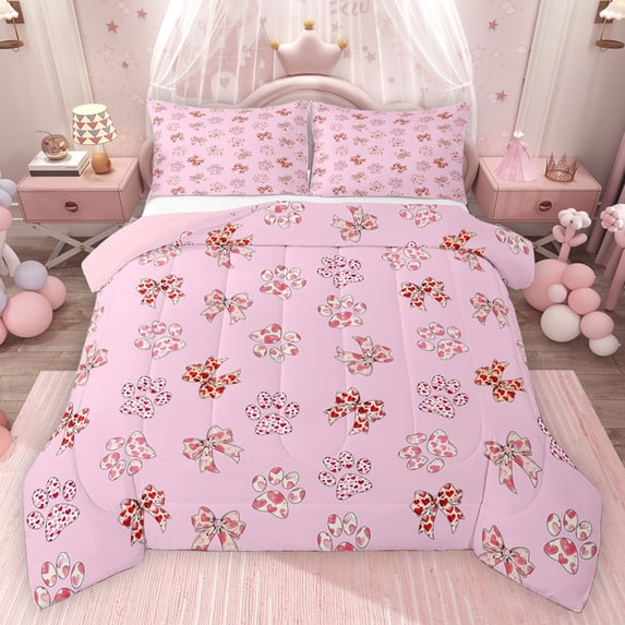 Erosebridal Cute Pet Paws Full Size Comforter Sets for Kids, Pink Bow Knot Bedding Sets for Girls, Pink Reversible, 1 Comforter and 2 Pillowcases
