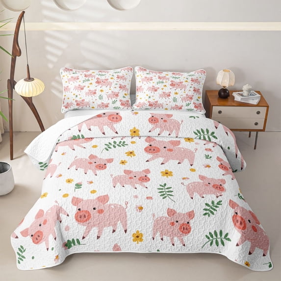 Erosebridal Cute Pig Bed Spread Queen for Girls, Farm Animal Queen Coverlet Set, 3pcs 1 Quilt and 2 Pillowcases