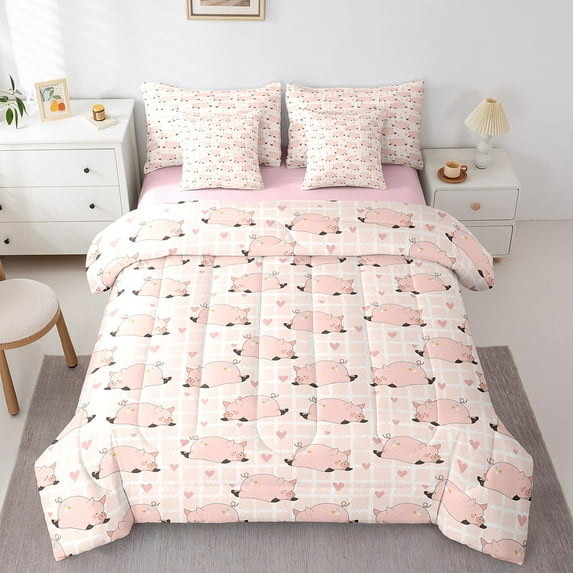 Erosebridal Cute Pig Bed in a Bag Queen size, Kawaii Animal Bed Set, Pinl Plaid Decor, Reversible 7-Piece