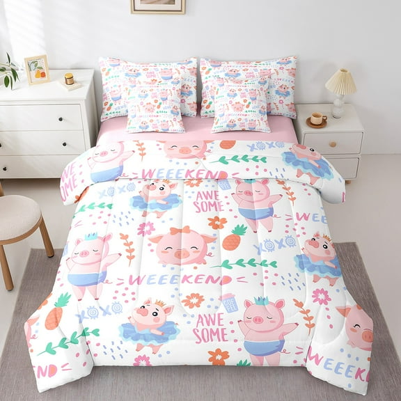 Erosebridal Cute Pig Bedding Sets Twin Size,Floral Animal Comforter Sets with Sheets,Kawaii Cartoon Bed in a Bag Twin size,Ultra Soft Cartoon Room Decorative,Reversible,7-Piece