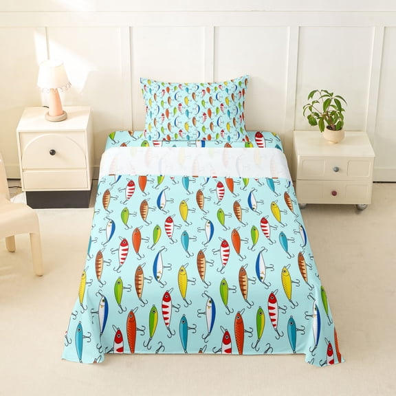 Erosebridal Cute Pike Fish Kids Twin Sheet Sets, Cyan Cartoon Bedding, 3 Pieces
