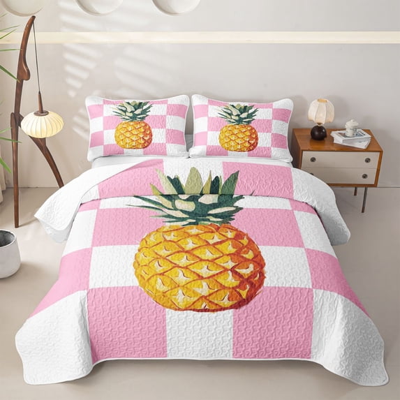 Erosebridal Cute Pineapple Bed Spread Queen for Girls, Pink White Checkered Queen Coverlet Set, 3 Pieces 1 Quilt and 2 Pillowcases