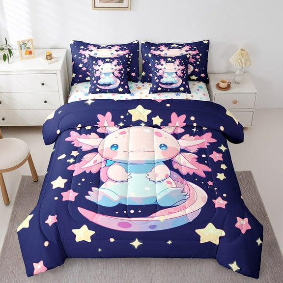 Erosebridal Cute Pink Axolotl Bed In A Bag Queen Size,Cartoon Animal Bed Set,Pink Stars Bedding Queen Size, Lightweight Bedroom Decoration,7-Piece Reversible