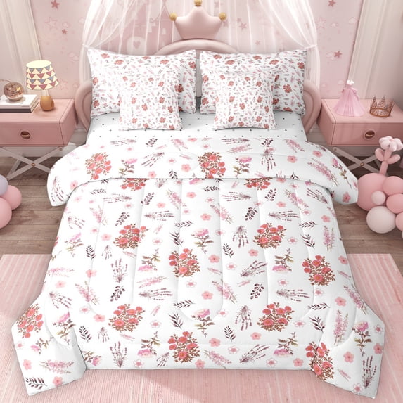 Erosebridal Cute Pink Blossoms Bedding Comforter Set for Girls, Chic Flower Floral Full Bedding Set, Reversible, 7 Pieces