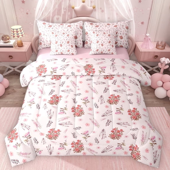 Erosebridal Cute Pink Blossoms Twin Bedding Sets for Girls, Chic Floral Flower Bedding Comforter Set, Pink Reversible, 7-Piece