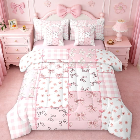 Erosebridal Cute Pink Bow 7-Piece Bedding Comforter Set For Girls,Modern Patchwork Geometric Plaid King Bedding Sets For Kids,Pink Reversible