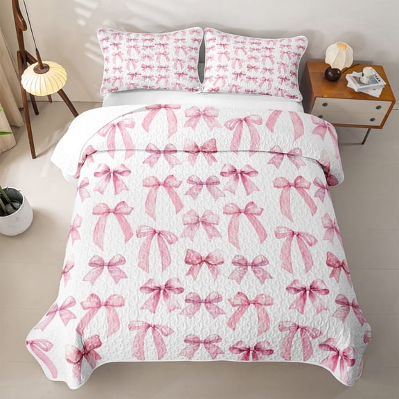 Erosebridal Cute Pink Bow Kids Bed Spread Queen,Kawaii Coquette Bowtie Queen Coverlet Set For Bowknot Lover,3 Pieces