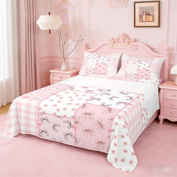 Erosebridal Cute Pink Bow Queen Sheet Sets For Girls,Modern Patchwork Geometric Plaid Bed Set For Kids 4-Piece