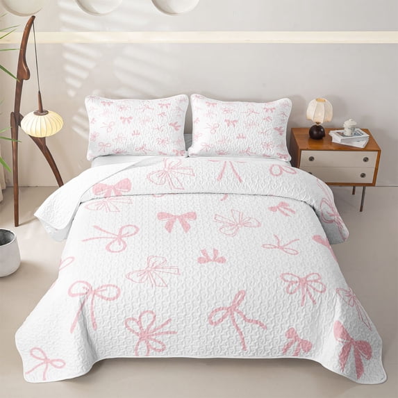 Erosebridal Cute Pink Bow Twin Quilt Set for Girls, Pale Pink Outline Bow Twin Coverlet Set, 2pcs