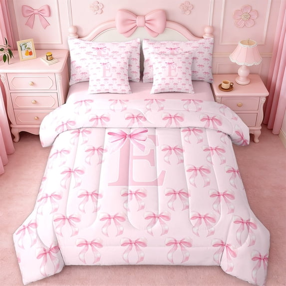 Erosebridal Cute Pink Bowknot 7 Pieces Bedding Comforter Set For Kids,Girls Bowknot Letter E Initial Monogram Full Bedding Set,Pink Reversible