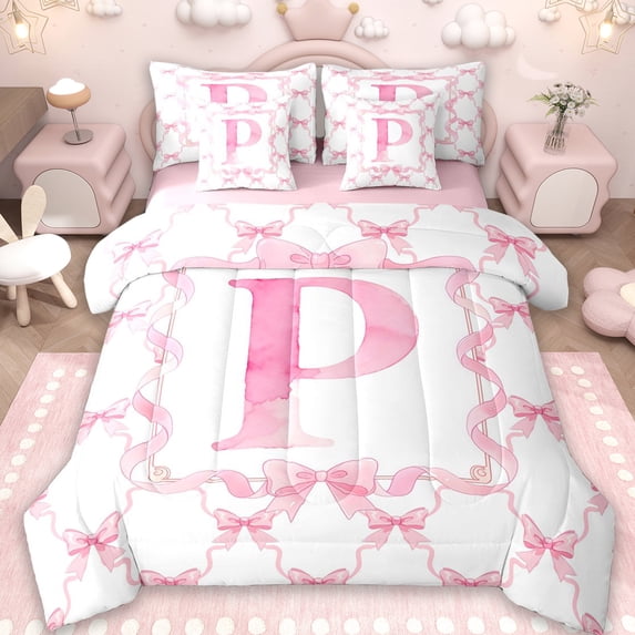Erosebridal Cute Pink Bowknot 7 Pieces Bedding Comforter Set,Girls Letter P Monogrammed Full Bedding Set For Kids,Reversible pink