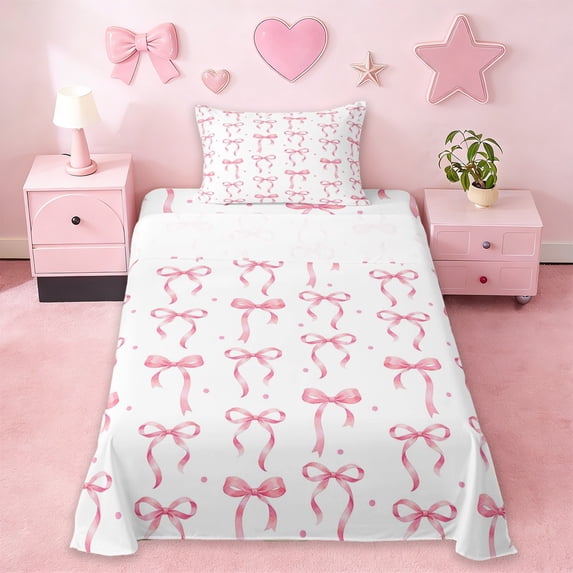 Erosebridal Cute Pink Bowknot Twin Sheet Sets For Kids Girls,Cartoon Ribbon Bowtie Bedding 3 Pieces
