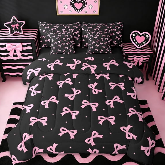 Erosebridal Cute Pink Bowtie Kids 7-Piece Twin Bedding Sets,Pink Black Dreamy Princess Style Bedding Comforter Set For Girls,Black Reversible