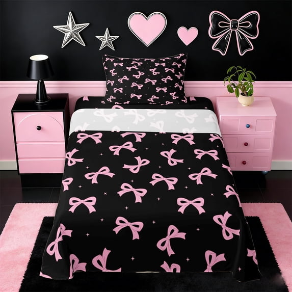 Erosebridal Cute Pink Bowtie Kids Twin Sheet Sets,Pink Black Dreamy Princess Style Bedding For Girls 3 Pieces