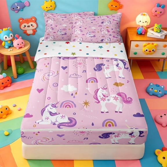 Erosebridal Cute Pink Cartoon Unicorn Zipper Twin Comforter Sets with Fitted Sheet and 2 Pillowcases,Rainbow Cloud Stars Zipper Bedding Set For Girls,Polkadot Reversible,4 Pieces