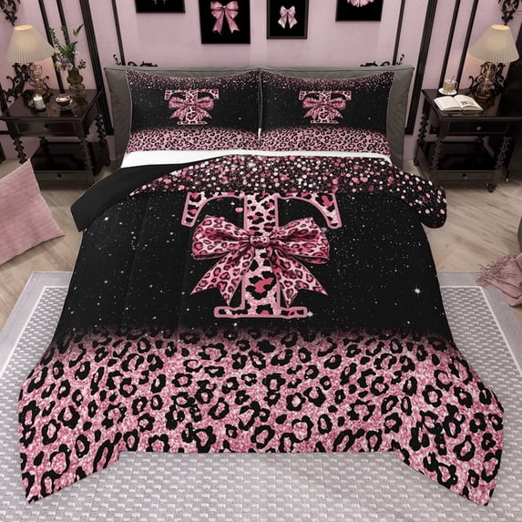 Erosebridal Cute Pink Leopard Print Full Size Comforter Sets for Girls, Bowknot Letter T Bedding Sets, Black Reversible 3pcs, 1 Comforter and 2 Pillowcases