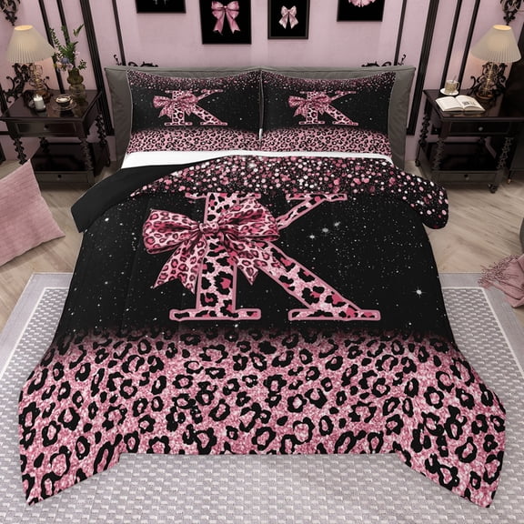 Erosebridal Cute Pink Leopard Print Queen Comforter Set for Girls, Bowknot Letter K Bedding Comforter Set, Black Reversible 3pcs, 1 Comforter and 2 Pillowcases