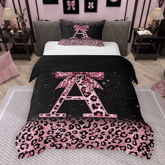 Erosebridal Cute Pink Leopard Print Twin Bedding for Girls, Bowknot Letter A Duvet Cover Set, Black Reversible 2pcs, 1 Duvet Cover and 1 Pillowcase (No Comforter)