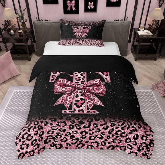 Erosebridal Cute Pink Leopard Print Twin Bedding for Girls, Bowknot Letter T Duvet Cover Set, Black Reversible 2 Pieces, 1 Duvet Cover and 1 Pillowcase (No Comforter)