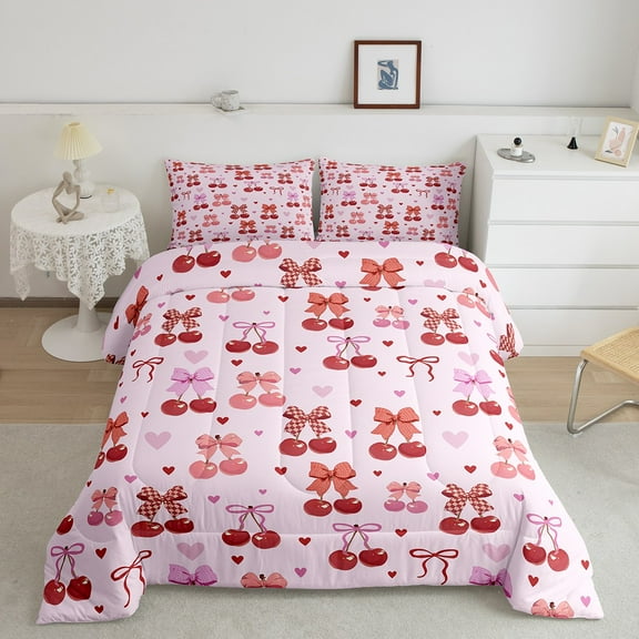 Erosebridal Cute Plaid Bow Comforter Sets Full Size, Cherry Fruit Comforters & Duvets, Princess Love Heart Decor, Breathable