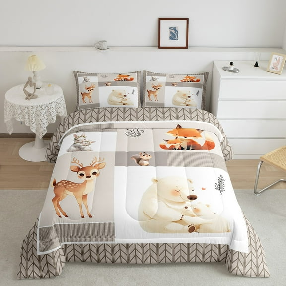 Erosebridal Cute Polar Bear Deer Fox Comforter Sets Queen Size, Woodland Animal Comforters & Duvets, Cartoon Wildlife Buffalo Bedding Queen Comforter Set, Ultra Soft Bedroom Decor, 3-Piece