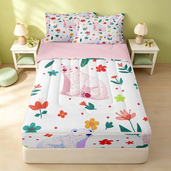 Erosebridal Cute Polar Bear Zipper Full Size Comforter Sets with Fitted Sheet and 2 Pillowcases, Cartoon Floral Animal Zipper Bedding Set, Pink Reversible, White Pink, Pink Reversible