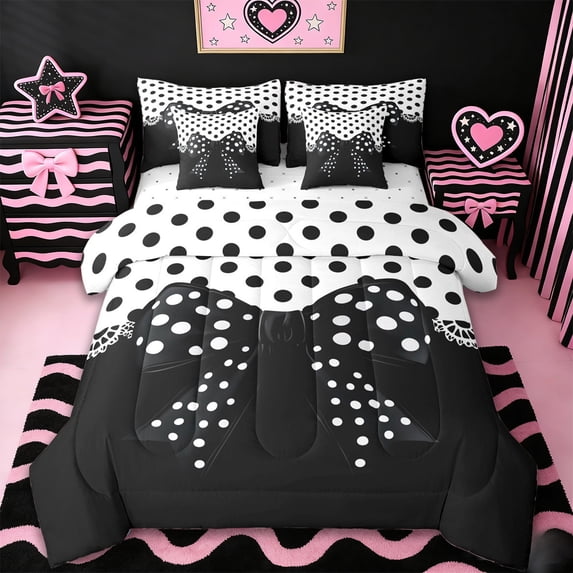 Erosebridal Cute Polka Dots 7-Piece Bedding Comforter Set,Cartoon Ribbon Bowknot King Bedding Sets For Girls Kids,Reversible