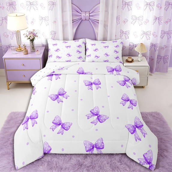 Erosebridal Cute Polka Dots Bowtie Full Size Comforter Sets 3 Pieces for Kids Girls,Cartoon Purple Bowknot Bedding Sets for Teens,Ultra Soft Home Decor