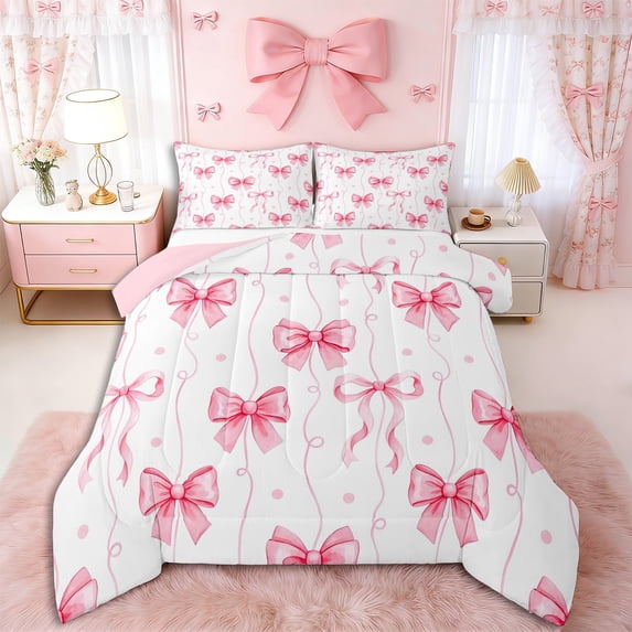 Erosebridal Cute Polka Dots Bowtie Full Size Comforter Sets 3 Pieces for Kids Girls,Cartoon Ribbon Bowknot Stripes Bedding Sets for Teens,Pink Reversible,Breathable Home Decor