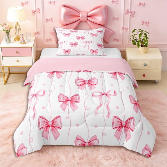 Erosebridal Cute Polka Dots Bowtie Twin Comforter Sets 3-Piece for Kids Girls,Cartoon Ribbon Bowknot Stripes Bedding Set for Teens,Pink Reversible,Breathable Home Decor