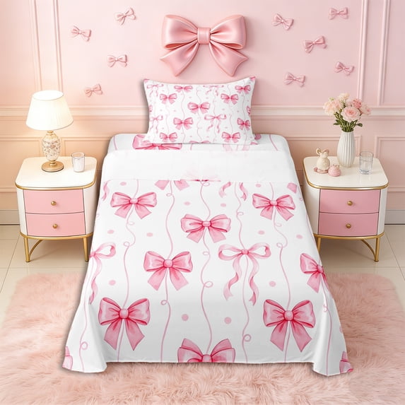 Erosebridal Cute Polka Dots Bowtie Twin Sheet Sets 3pcs for Kids Girls,Cartoon Ribbon Bowknot Stripes Bedding for Teens,Breathable Home Decor