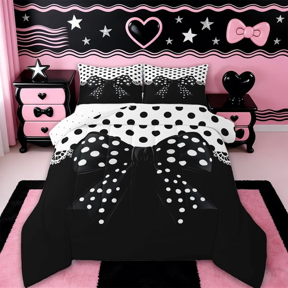 Erosebridal Cute Polka Dots Queen Comforter Set,Cartoon Ribbon Bowknot Bedding Comforter Set For Girls Kids,Reversible,3pcs