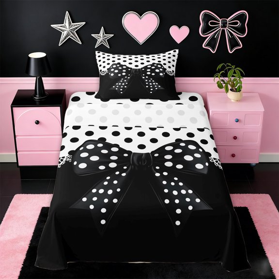 Erosebridal Cute Polka Dots Twin Sheet Sets,Cartoon Ribbon Bowknot Bedding For Girls Kids 3-Piece