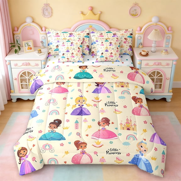 Erosebridal Cute Princess Bed in a Bag Queen Size,Yellow Cartoon Girl Bed Set,Castle Rainbow Print Bedding Queen Size For Girls,Microfiber Bedroom Decoration Reversible,7 Pieces