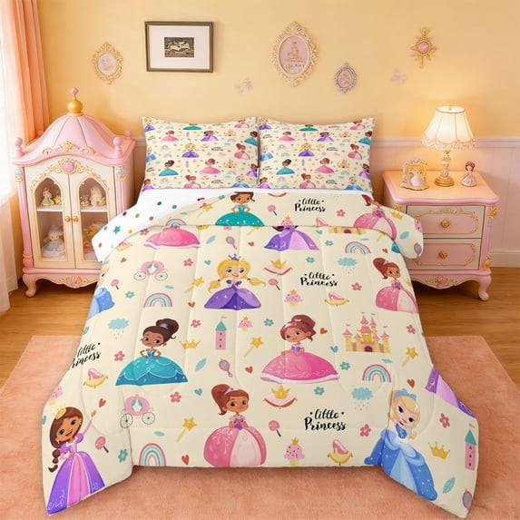 Erosebridal Cute Princess Bedding Sets Queen with Comforter,Yellow Cartoon Girl Duvet Insert,Castle Rainbow Print Comforter Sets Queen Size For Girls,Microfiber Bedroom Decoration Reversible,3pcs