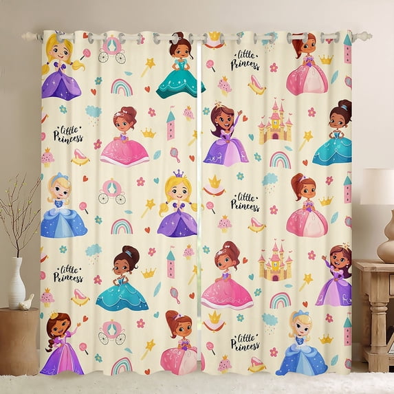 Erosebridal Cute Princess Curtains Pack of 2(38x45),Yellow Cartoon Girl Black Out Curtains,Castle Rainbow Print Curtains for Living Room For Girls,Microfiber Bedroom Decoration