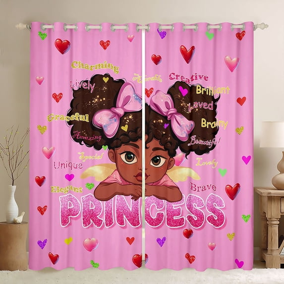 Erosebridal Cute Princess Girl Blackout Curtains Set of 2 (52x84 Each),Cartoon Black Girly Colorful Loves Print Window Curtains For Kids