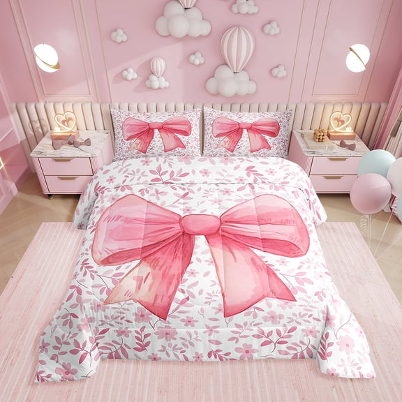 Erosebridal Cute Princess Bedding Comforter Sets Kawaii Bowknot Bedding Set Queen Teen Women,Fantasy Pink White Flower Plant Comforter Set Watercolor Bow Duvet Insert 3 Pcs