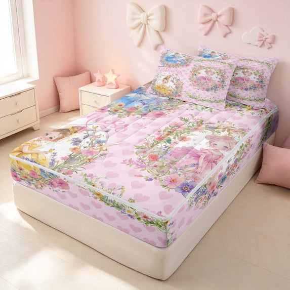 Erosebridal Cute Princess Zipper Queen Comforter Set with Fitted Sheet and 2 Pillowcases for Girls, Chic Flower Floral Zipper Bedding Set, Colorful Stars Reversible