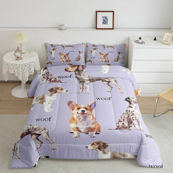 Erosebridal Cute Pug Bedding Sets Queen with Comforter, Pet Dog Duvet Insert, Animal Print Comforter Sets Queen Size, Breathable Room Decoration, 3 Pieces