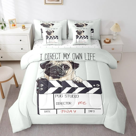 Erosebridal Cute Pug Dog Bed in a Bag Twin Size,Driector Board Bed Set,Lovely Puppy Bedding Twin Size For Men Women,Super Cozy Room Decoration,7 Pieces