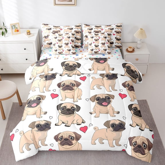 Erosebridal Cute Pug Dog Bed in a Bag Twin Size, Animal Pet Theme Bed Set , Reversible 7 Pieces